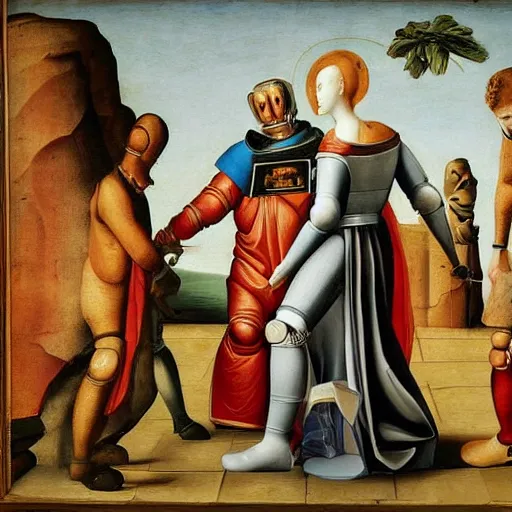 Image similar to a robot walking , Renaissance painting style