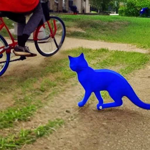 Image similar to a cat is riding a bike. the bike is blue. the cat is red