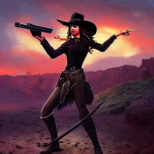 Image similar to Fantasy digital art for magic the gathering card, action shot of a wild west witch with a revolver firing out a red magical spell. Background has wild west scenery behind her at night.