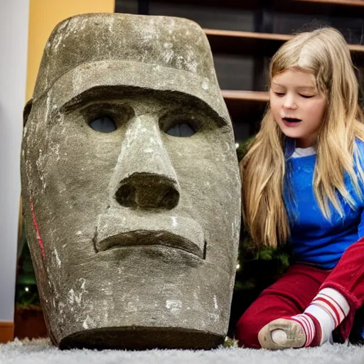 Image similar to a kid at christmas disappointed that his present was a giant moai statue