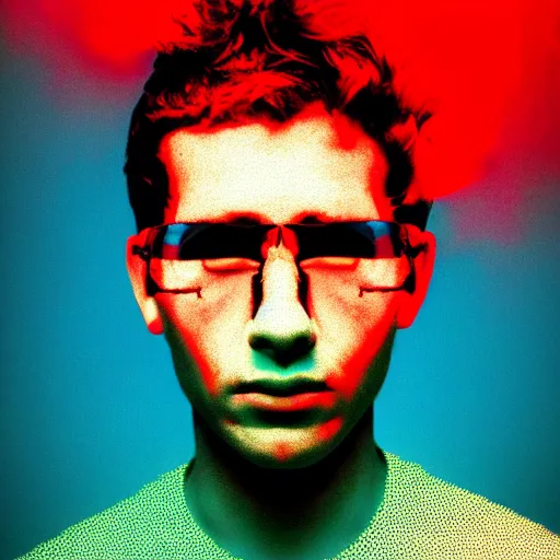 Image similar to anaglyph effect aloof portrait of a young dude 2 9 years old, with placebo