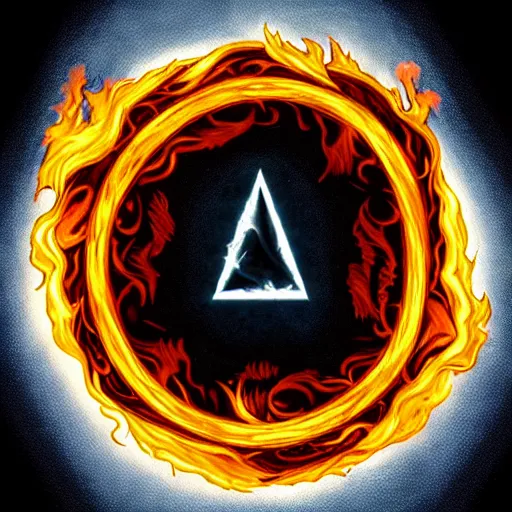 Image similar to dramatic chiaroscuro painting of an esoteric symbol, glowing with strange power. it is surrounded by a ring of flames, but remains untouched.