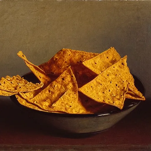 Image similar to Realistic still life of a bowl of doritos, mountain dew, by Fantin-Latour, 1866,