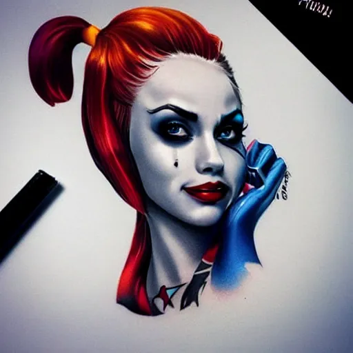 Image similar to tattoo design, stencil, portrait of harley quinn by artgerm