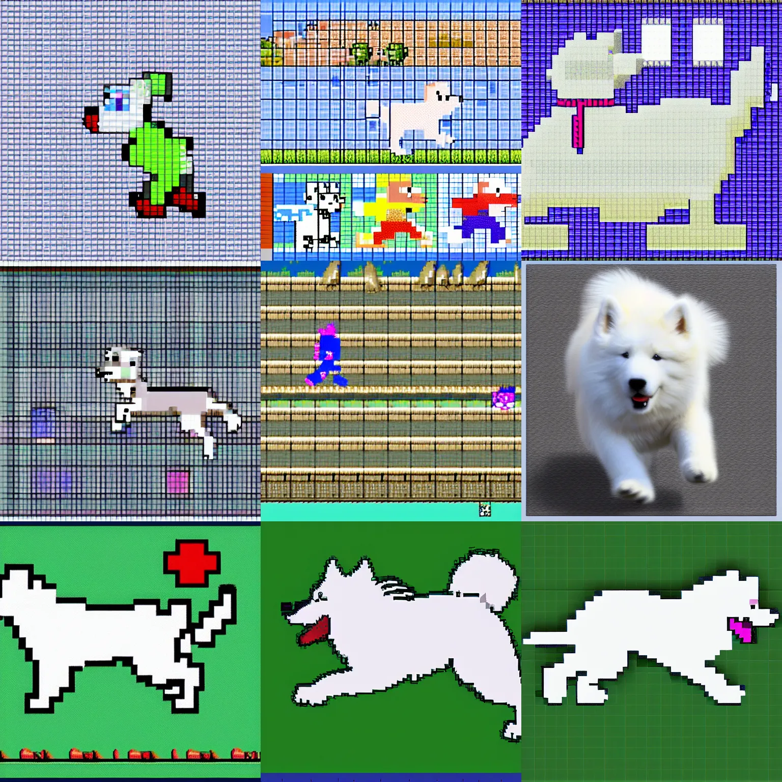 Prompt: a samoyed running to the right, pixel art sprite sheet snes