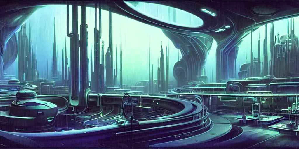 Image similar to highly detailed matte painting science fiction laboratory, biopods, futuristic, experiments, synthetic, medical equipment, research subjects. environment art by syd mead and h. r. giger and john berkley and john harris. concept art, dystopian grunge, retro futurism, beautiful volumetric - lighting - style atmosphere