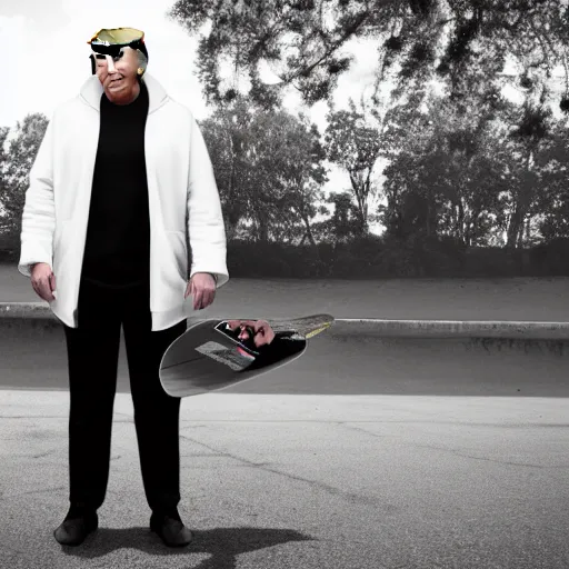 Prompt: cinematic shot of donald trump holding a skateboard, white hoodie, black jeans,