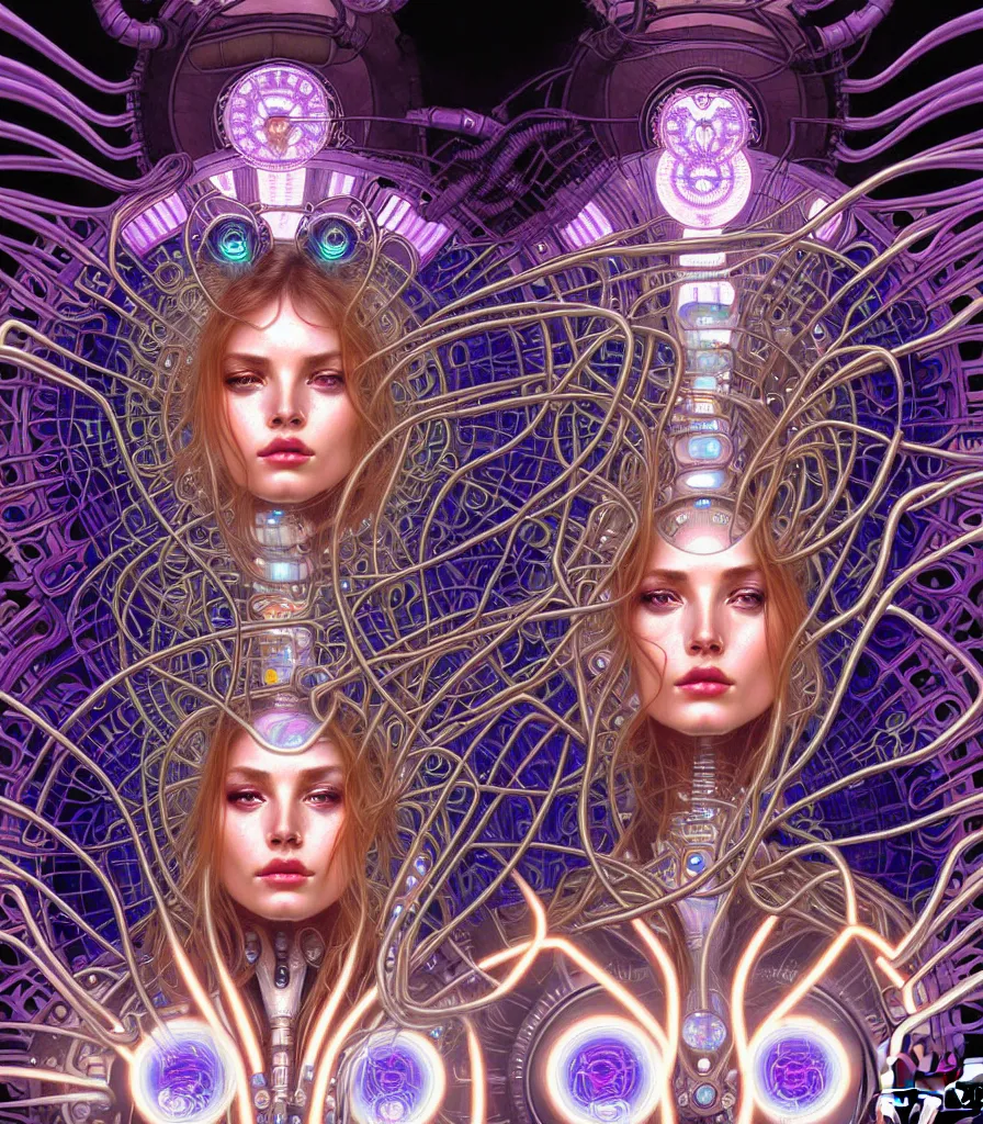 Prompt: closeup stunning breathtaking alien machine goddess being of the black hole in white shimmering robes alien entity intelligence portrait electricalhair steampunk entity with neon robes and glowing machine goddess artgerm photorealistic detailed hypervivid intense digital art by alex grey alphonse mucha max chroma