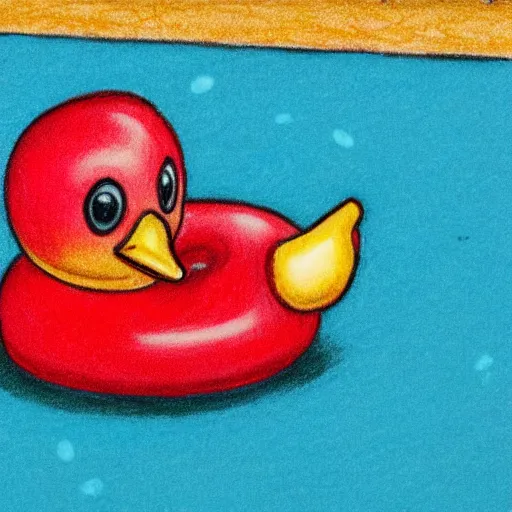 Prompt: Pencil drawing of a rubber duck eating Lego bricks on a desert island