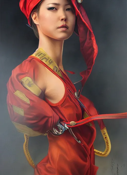 Prompt: beautiful oil painting of female firefighter by artgerm and chie yoshii, full body portrait, gorgeous, dramatic lighting