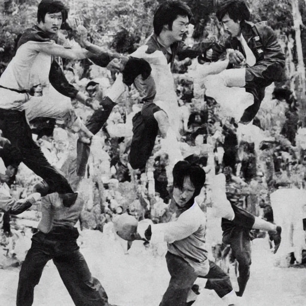 Image similar to nepali actor rajesh hamal fighting bruce lee in a historic old photograph