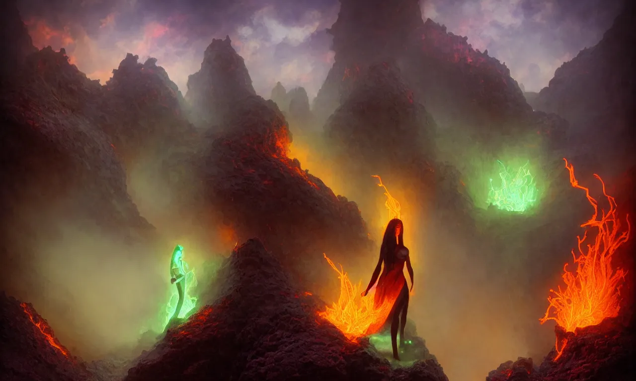 Prompt: The wandering lava mage standing on the misty edge of a fiery caldera by Bastien L. Deharme and Gerald Brom and Mark Arian and Hubert de Lartigue, smooth round rocks, blue flames, low light, glowing orange and purple crystals, green vines, misty, smoky, tonalism, sfumato