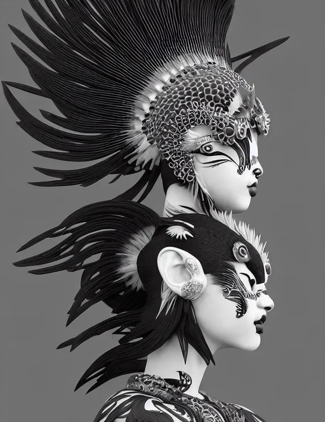 Image similar to 3 d goddess close - up profile simple portrait punk with mohawk with ram skull. beautiful intricately detailed japanese crow kitsune mask and clasical japanese kimono. betta fish, jellyfish phoenix, bio luminescent, plasma, ice, water, wind, creature, artwork by tooth wu and wlop and beeple and greg rutkowski