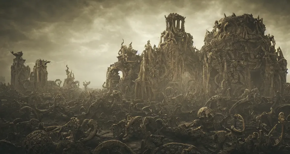Image similar to circular bone labyrinth made out of gigantic monster bones, art deco medieval style, grimdark vibes, golden skeleton statue in center of labyrinth, abandoned vibes, gloomy moody clouds, god sun rays, complimentary color scheme, G liulian Art style, dynamic lighting, highly detailed, cinematic landscape, octane render, unreal engine