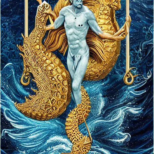 Image similar to poseidon on seahorses, tarot card, ornate, ultradetailed, digital art, irina french, heraldo ortega, mandy jurgens, golden ratio, art canvas, award winning, masterpiece trending on artstation 8 k 1 5 0 mpx