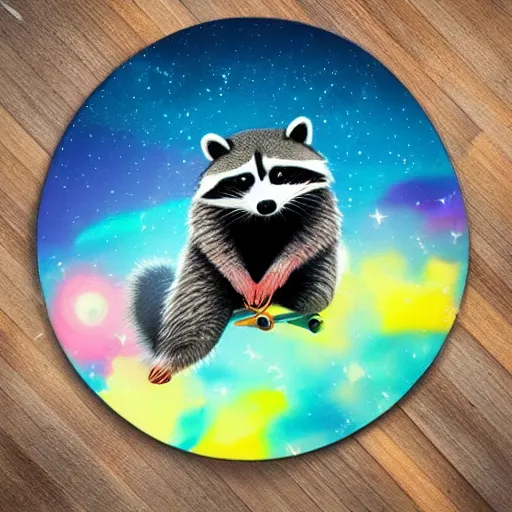 Image similar to fat raccoon skating through the cosmos, colorful, realistic, photorealism