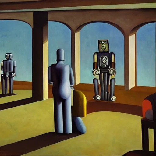 Image similar to drab human workers building robots, watched by evil fascist robots, brutalist factory chapel, dystopian, pj crook, edward hopper, oil on canvas