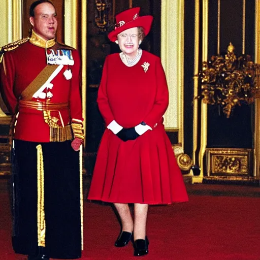 Prompt: queen elizabeth in a red velvet cake costume