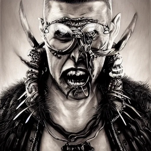 Prompt: low angle shot of a half demon man wearing glasses with a mohawk in the style of mad max characters, wearing traditional earrings, black and white, by Clive Barker , intricate, elegant, highly detailed, centered, digital painting, artstation, concept art, smooth, sharp focus, illustration, artgerm, Tomasz Alen Kopera, Peter Mohrbacher donato giancola, Joseph Christian Leyendecker, WLOP, Boris Vallejo.