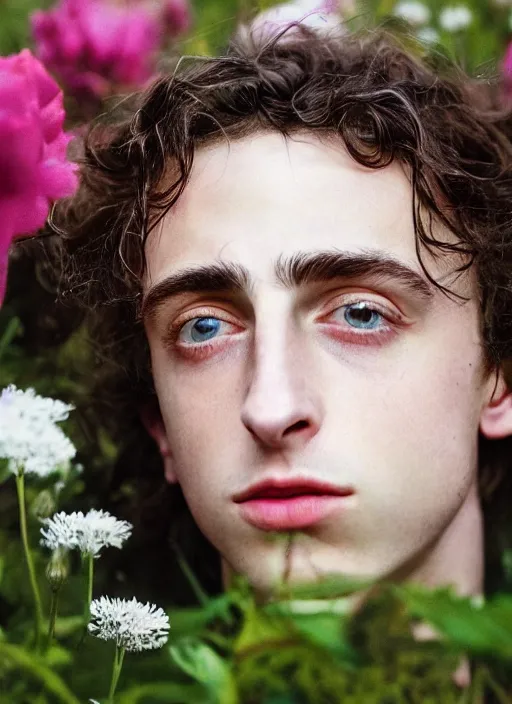 Prompt: Kodak Portra 400, 8K,ARTSTATION, Caroline Gariba, soft light, volumetric lighting, highly detailed, britt marling style 3/4 , extreme Close-up portrait photography of a Timothee Chalamet hiding in flowers how pre-Raphaelites with his eyes closed,inspired by Ophelia paint, his face is under water Pamukkale, face above water in soapy bath tub, hair are intricate with highly detailed realistic , Realistic, Refined, Highly Detailed, interstellar outdoor soft pastel lighting colors scheme, outdoor fine photography, Hyper realistic, photo realistic