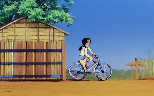 Prompt: a girl riding a bike with a basket in a small town, 1970s philippines, art by hayao miyazaki, studio ghibli film, hi res, 4k, detailed!!!!!!! face!!!!!!!