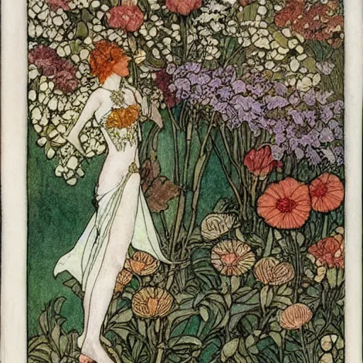 Prompt: a floral fantasy illustration by walter crane, edmund dulac, arthur rackham, and mucha
