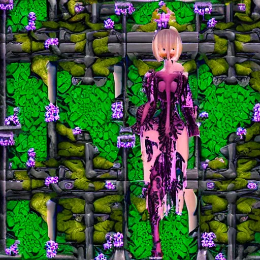 Image similar to cute female forest spirit wearing floral cybernetic valentino resort sheer dress in a 3 d psx ps 2 jrpg style, overgrown esoteric cyber cathedral sanctuary, fashion gameplay screenshot, highly detailed, morning pink gold light