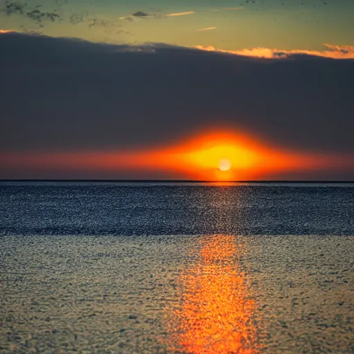 Image similar to 5 0 0 0 mm lens photo of a lime floating in a distant lake, sunset