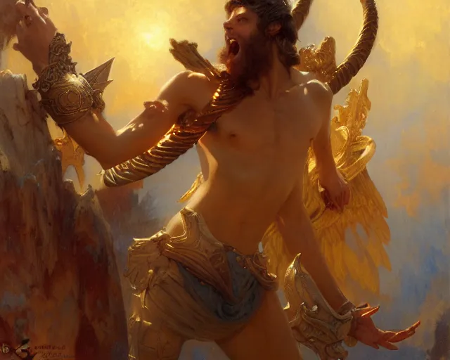 Image similar to attractive pagan male deity, summons handsome lucifer morning star. highly detailed painting by gaston bussiere, craig mullins, j. c. leyendecker 8 k