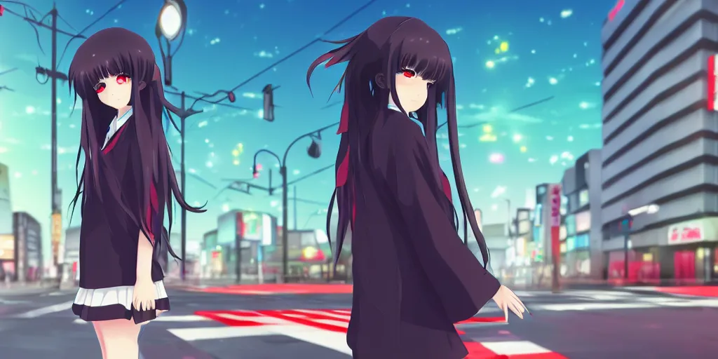 Image similar to a beautiful anime girl with black long hair wearing japanese uniform high school waiting for crosswalk under the red light, tokyo city background, makoto shinkai style, anime style digital art, 8 k