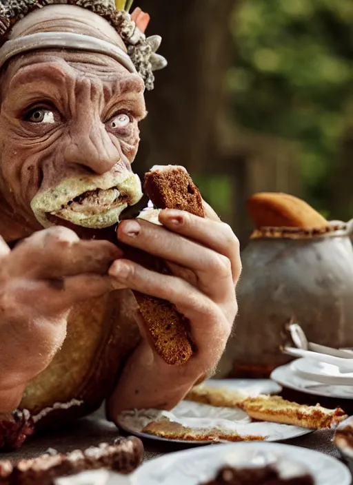 Image similar to closeup portrait of a medieval goblin eating cakes in the cloisters, depth of field, zeiss lens, detailed, symmetrical, centered, fashion photoshoot, by Annie Leibovitz and Steve McCurry, David Lazar, Jimmy Nelsson, Breathtaking, 8k resolution, extremely detailed, beautiful, establishing shot, artistic, hyperrealistic, beautiful face, octane render