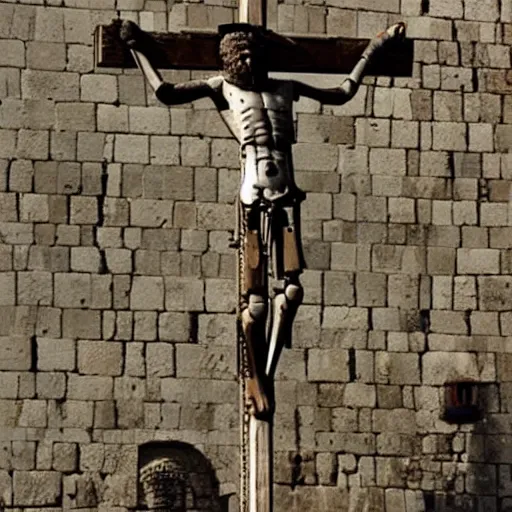 Prompt: a tormented robot crucified in ancient jerusalem