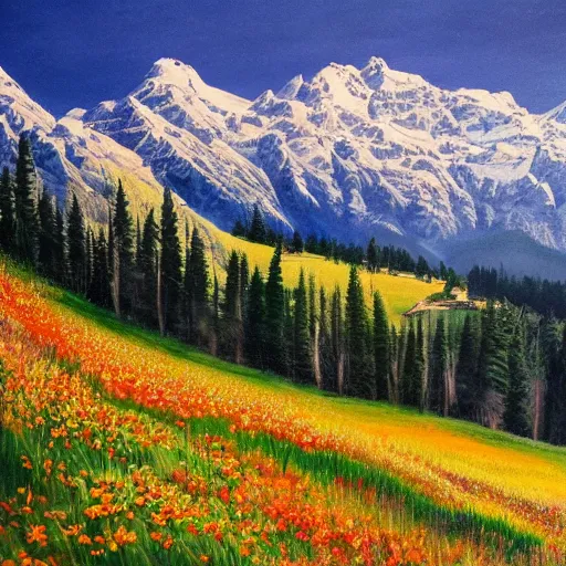 Prompt: the most beautiful and romantic alpine mountain painting in the world