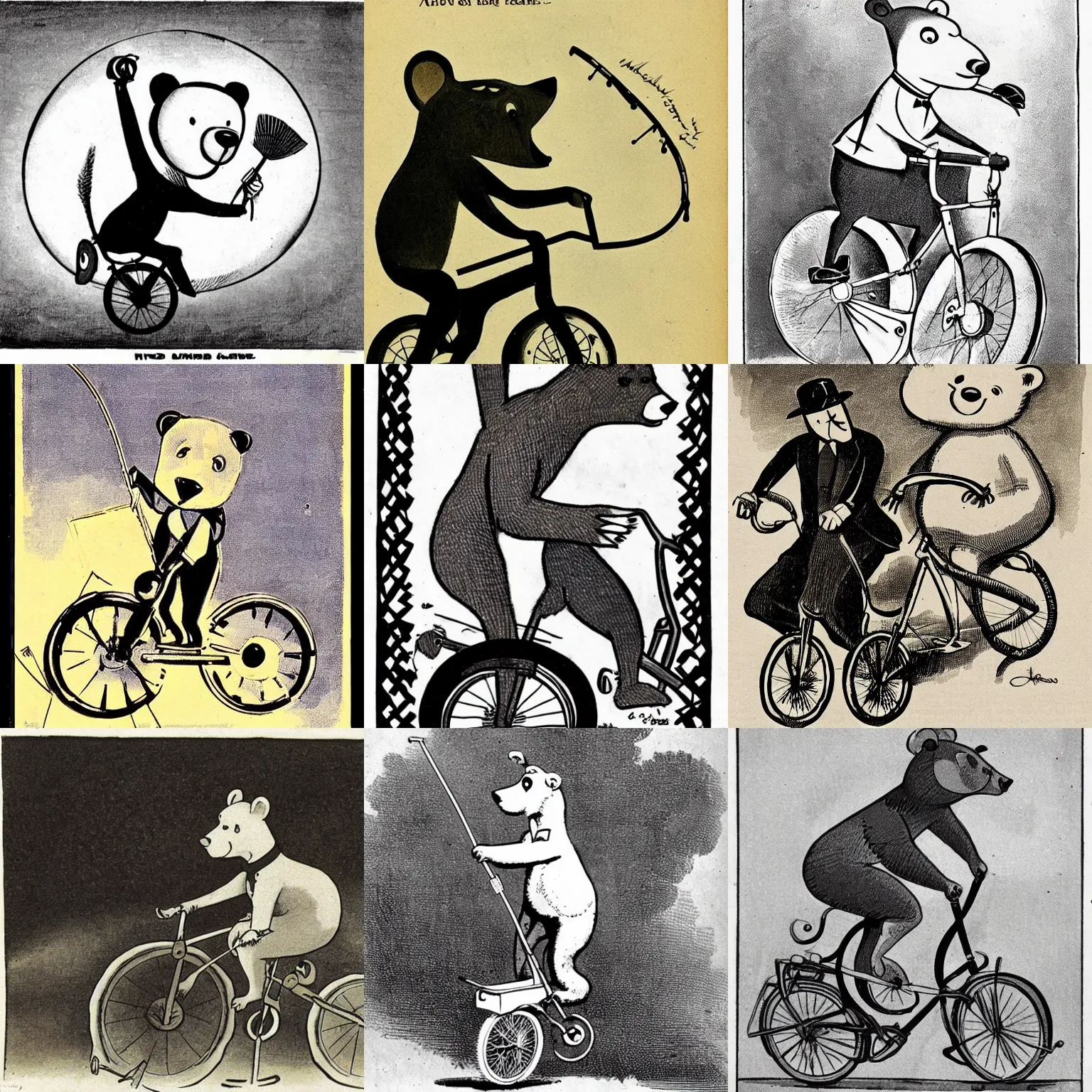 Prompt: a 1920s cartoon about a bear on a unicycle