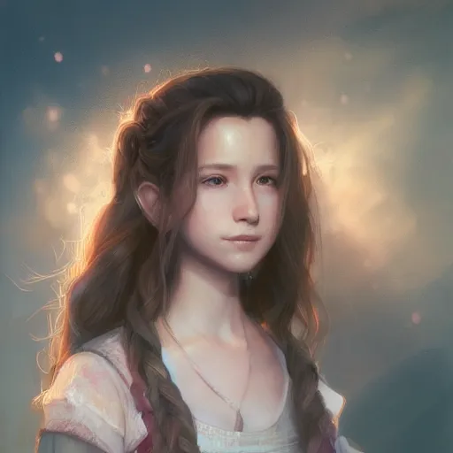 Image similar to aerith gainsborough portrait, atmospheric lighting, painted, intricate, volumetric lighting, beautiful, rich deep colors masterpiece, golden hour, sharp focus, ultra detailed, by leesha hannigan, ross tran, thierry doizon, kai carpenter, ignacio fernandez rios