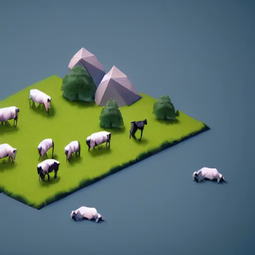 Prompt: isometric low poly render of a ufo flying over and abducting cows from a pasture. cows casting shadows.