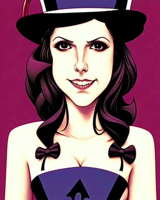 Image similar to beautiful Anna Kendrick Zatanna DC Comics floating on stage, wearing a top hat, symmetrical face symmetrical eyes, smiling, fantasy, intricate details, atmospheric, elegant, concept art, art by eiichiro oda, Joshua Middleton art