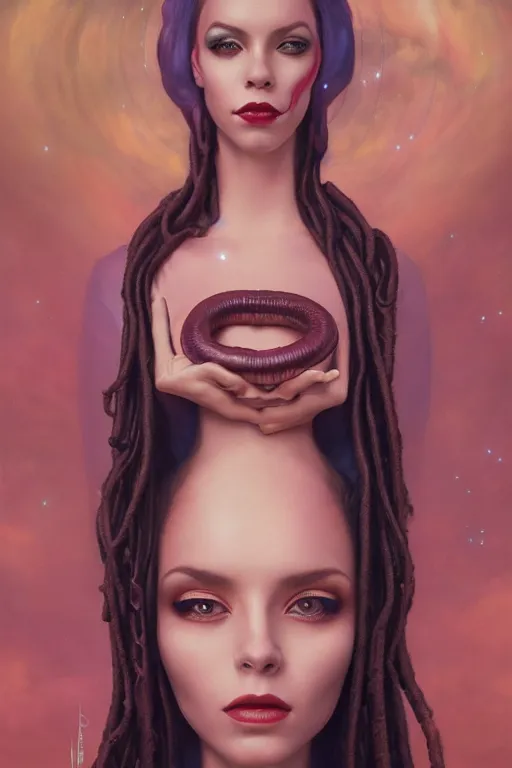 Prompt: portrait of an elegant alien woman queen with long floating snake dreads, straight on portrait, by artgerm, tom bagshaw, gerald brom, vaporwave colors, lo - fi colors, vaporwave, lo - fi, moody vibe, goth vibe, 4 k, hd,