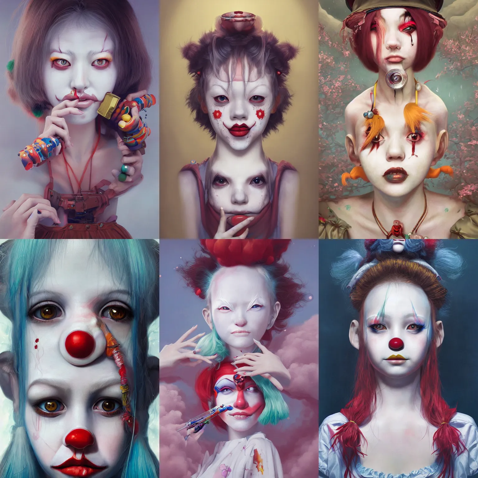 Image similar to breathtaking detailed painting of clown girl , with anxious, piercing eyes, Atari game cover art by Hsiao-Ron Cheng, James jean, Miho Hirano, Hayao Miyazaki, extremely moody lighting, hyperrealistic, octane render, RPG portrait, ambient light, dynamic lighting