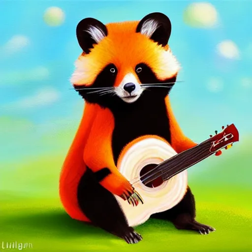 Image similar to cute fluffy Ailurus fulgens playing a ukulele, fully detailed, high quality , 4k , digital art, digital painting, soft light , masterpiece