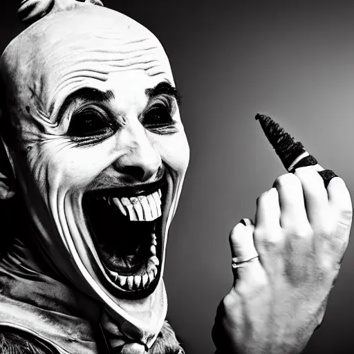 Prompt: medieval jester laughing, sinister, photograph, portrait,