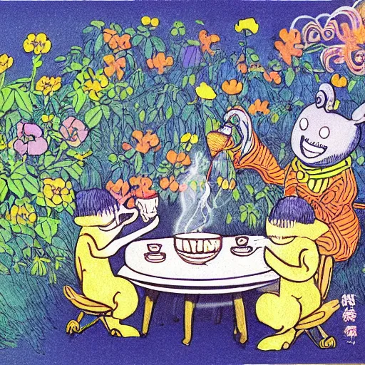 Image similar to highly detailed illustration of friendly monsters laughing and dancing around beautiful steaming cups of coffee, amongst coffee beans and flowers, and rainbows in the style of Japanese illustration, Maurice Sendak, Tove Jansson