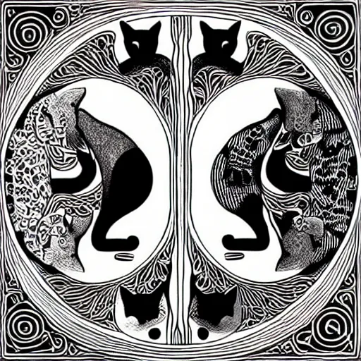 Image similar to two cats holding each other's tail, circle design, yin yang inspired, designed by victo n'gai