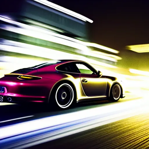 Image similar to photo of a porsche 9 1 1 at night drifting through a city, cinematic, 4 k, long exposure photography, tokyo drift, fast and furious, film still, night photography, motion blur, lens flare, movie shot, light trail, distortion, wide angle, reflections