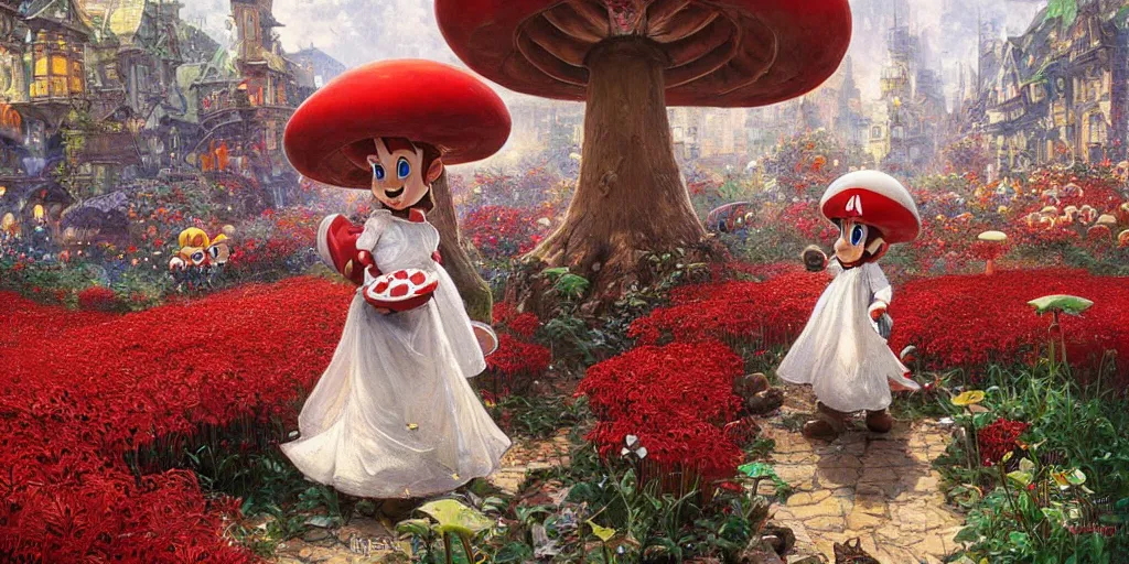 Prompt: Super Mario walking through the Mushroom Kingdom, Super Mario Theme, hundreds of red and white spotted mushrooms, by Stanley Artgerm Lau , greg rutkowski, thomas kindkade, alphonse mucha, loish, norman Rockwell