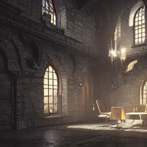 Image similar to ultra mega super hyper realistic Digital concept interior design of castle in futuristic style mixed with medieval style. More cyberpunk less medieval. Natural white sunlight from the transperient roof. Rendered in VRAY and DaVinci Resolve and MAXWELL and LUMION 3D, Volumetric natural light