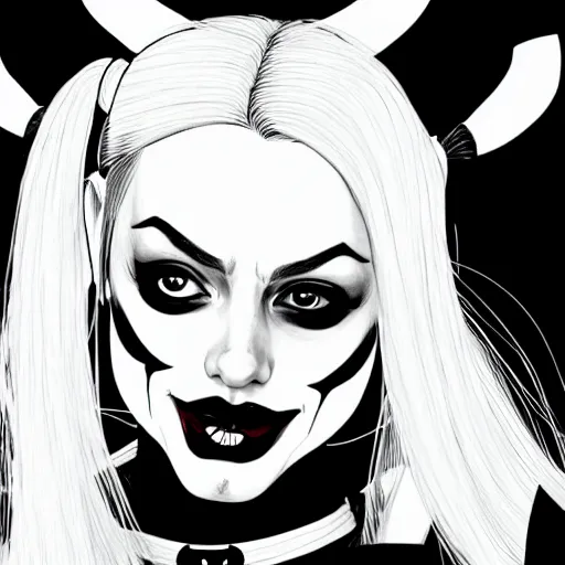 Image similar to a pretty harley quinn headshot portrait, drawn in black and white ink, manga panel style, wlop, trending on artstation