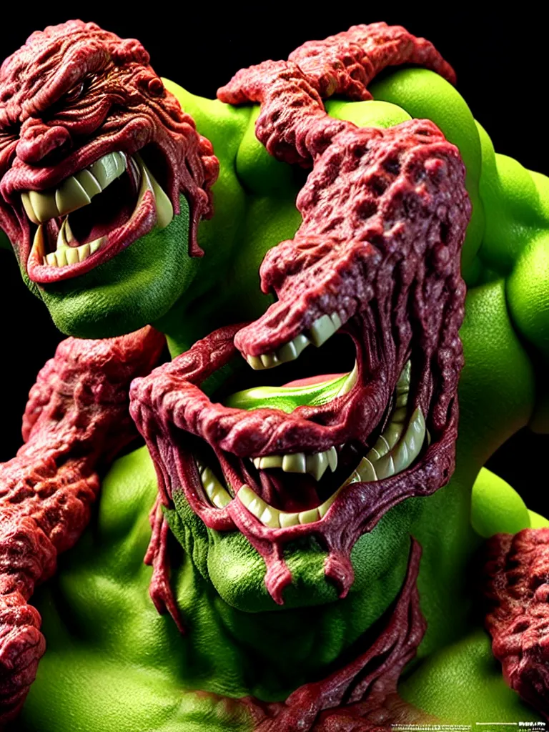 Prompt: hyperrealistic rendering, fat smooth cronenberg flesh monster hulk by bernie wrightson and killian eng and joe fenton, product photography, action figure, sofubi, studio lighting, colored gels, colored background