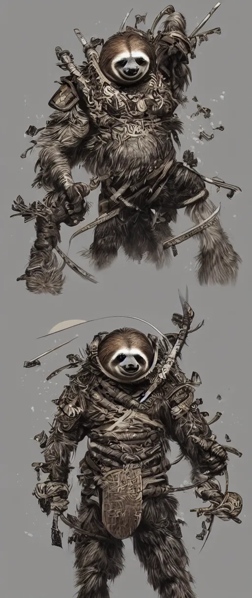 Image similar to graphic, hyperreal illustration of anthropomorphic sloth in traditional samurai armor : : digital art, concept art, character development : : illustrated by artgerm, yoji shinkawa, scott buoncristiano, nychos