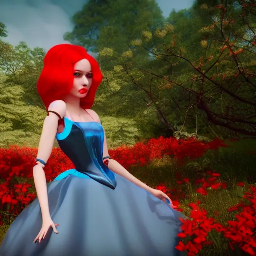 Image similar to doll style red head queen, full body, alice in wonderland theme, disney inspired fantasy background, octane render, cinematic lighting, unreal engine, 8 k, ultra hd, realistic face